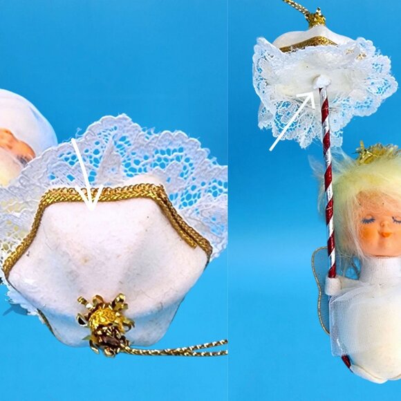 Pixie Angel Ornament Tulle Wings Parasol Lace Trim 1960s Japan Sleepy Eyes - Picture 9 of 9